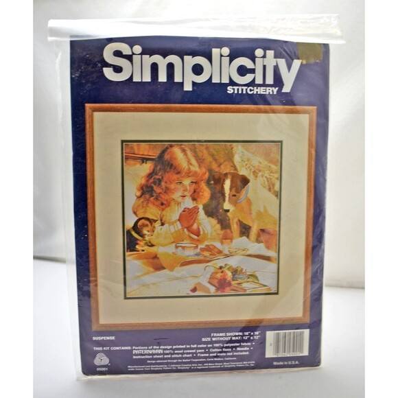 Simplicity Stitchery Suspense Praying Girl Dog Kitten Crewel Embroidery Kit - Picture 2 of 4